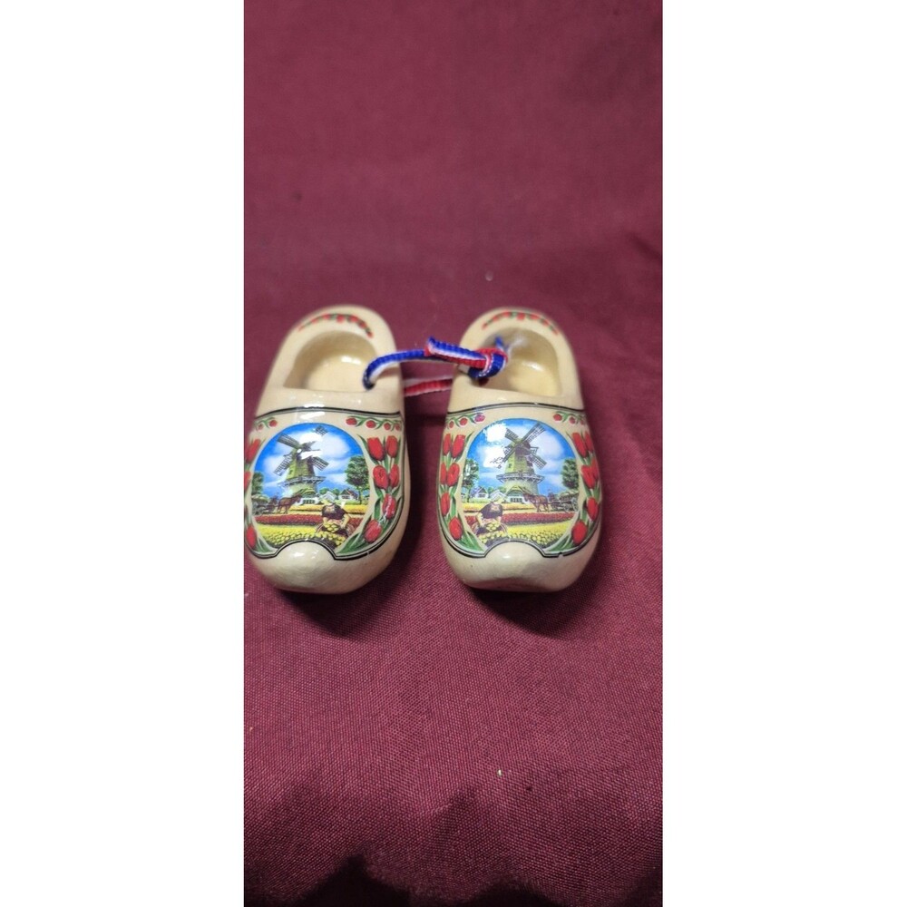 Vintage Solvang California Miniature Wooden Shoes Clogs Dutch Windmill Souvenir